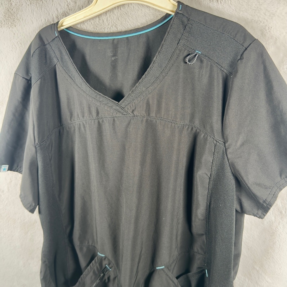 Koi Black V-Neck Scrub Top Mesh Side Panels‎ Zipper Pocket Short Sleeve Mens XL